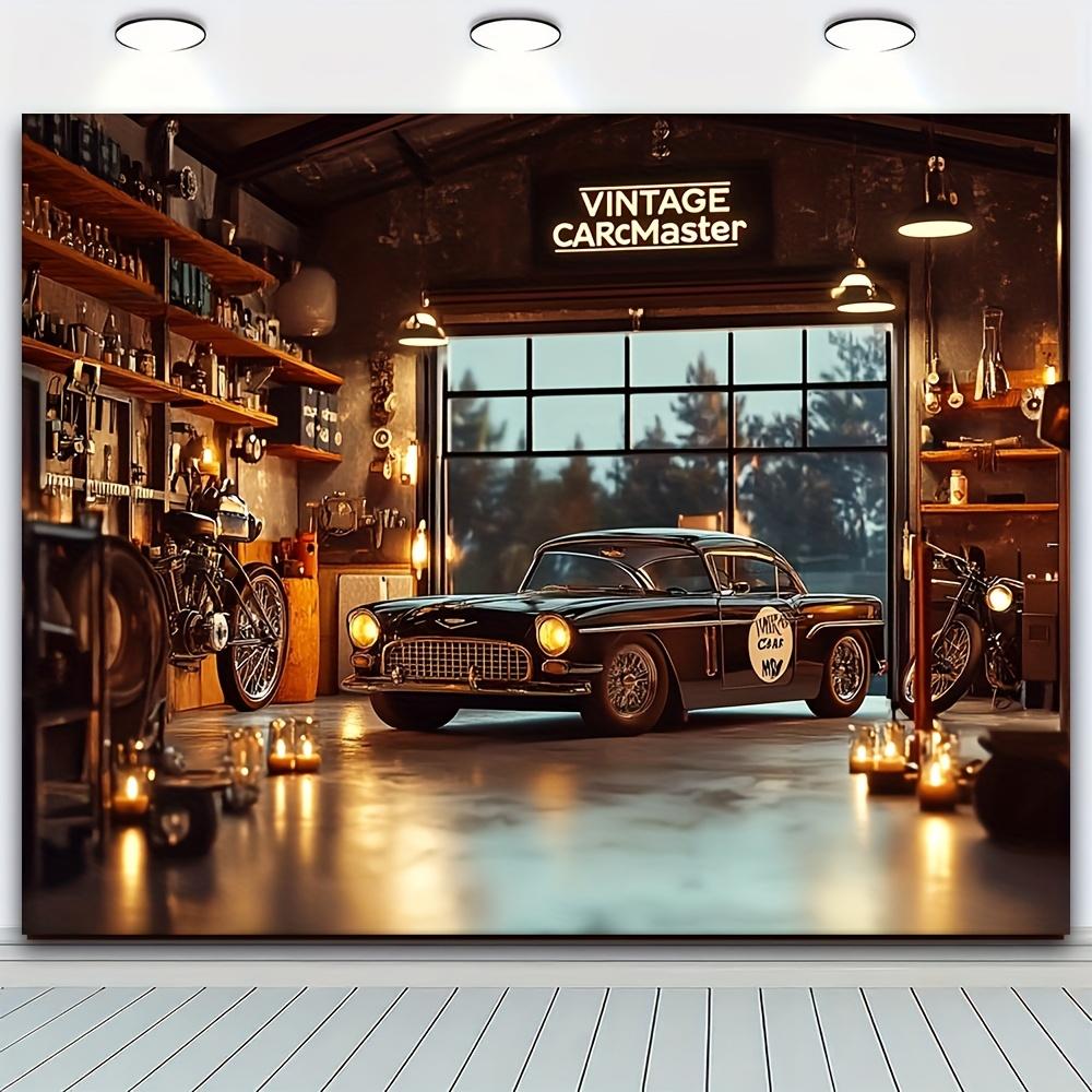 Vintage Car Garage Background - 100% Polyester Vintage Style Decor for Classic Car Enthusiasts