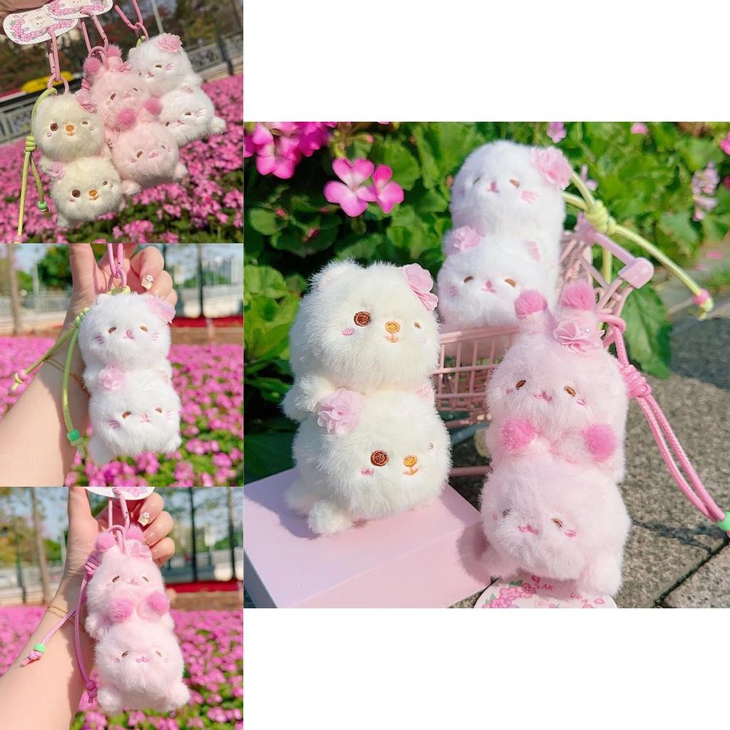 Sakura Season Cat Bear Rabbit Animal Plush Keychain With Hanging Strap For Bag Decor