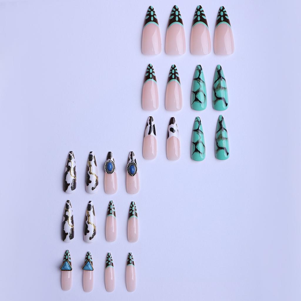 24PCS French Tip Fake Nails with Ink Crack Design Eco-Friendly ABS Material for Wedding Party