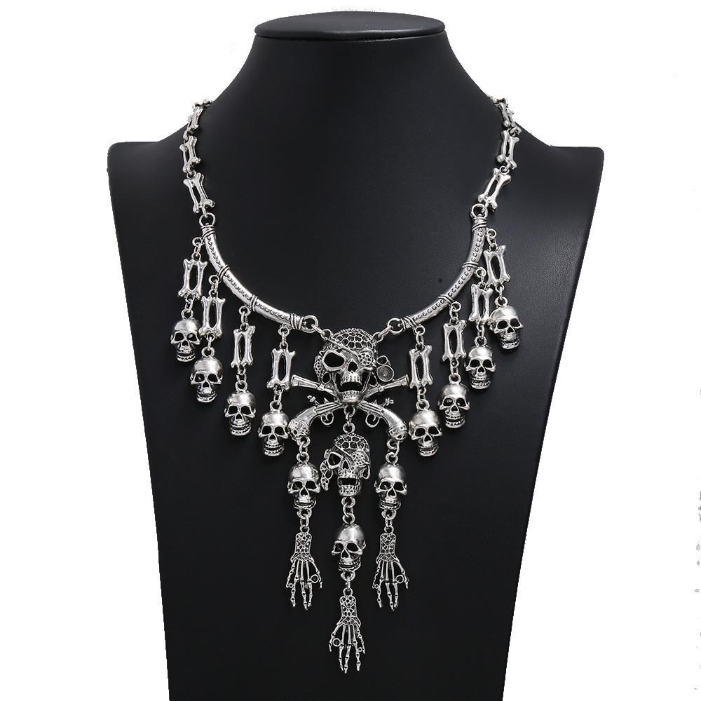 Skull Geometric Vintage Pendant Necklace With Tassel Chain For Gothic Punk Fans