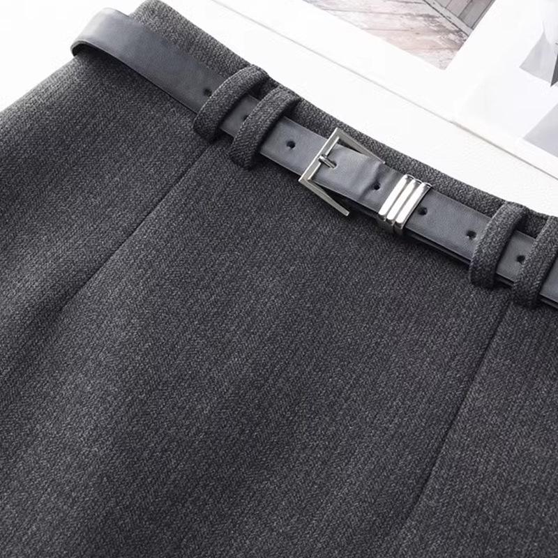Women's Gray Wool A-line Midi Skirt - High Waist, Slimming, Professional Winter 2024
