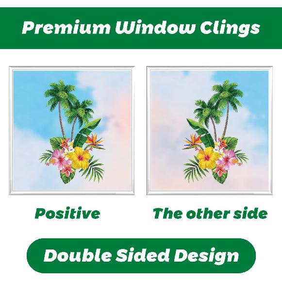 9 Sheets Summer Window Clings Stickers Double-Sided Window Decals Tropical Flamingo Green Plants Coconut Tree Designs Summer Hawaii Colorful Flower