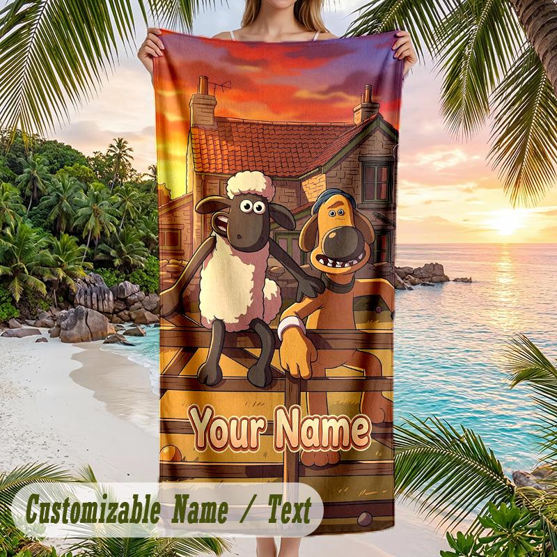 Shaun the Sheep Beach Towel, Personalized Custom Text, Quick Dry Soft Large Towel For Swimming Pool Travel