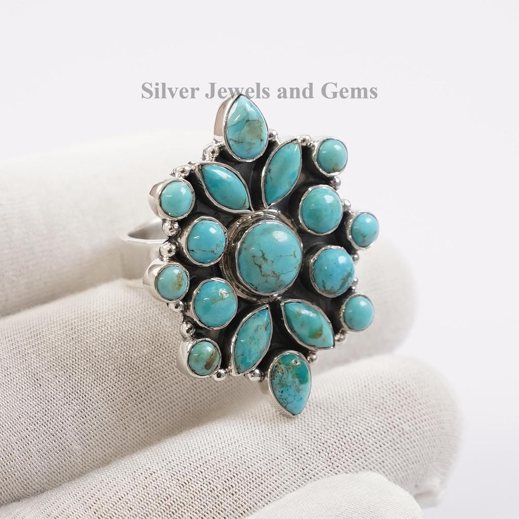 Natural Turquoise Cluster Ring, Multi Stone Gemstone Ring, Gift for Girls, 925 Sterling Silver Ring, Arizona Turquoise Ring, Handmade Ring