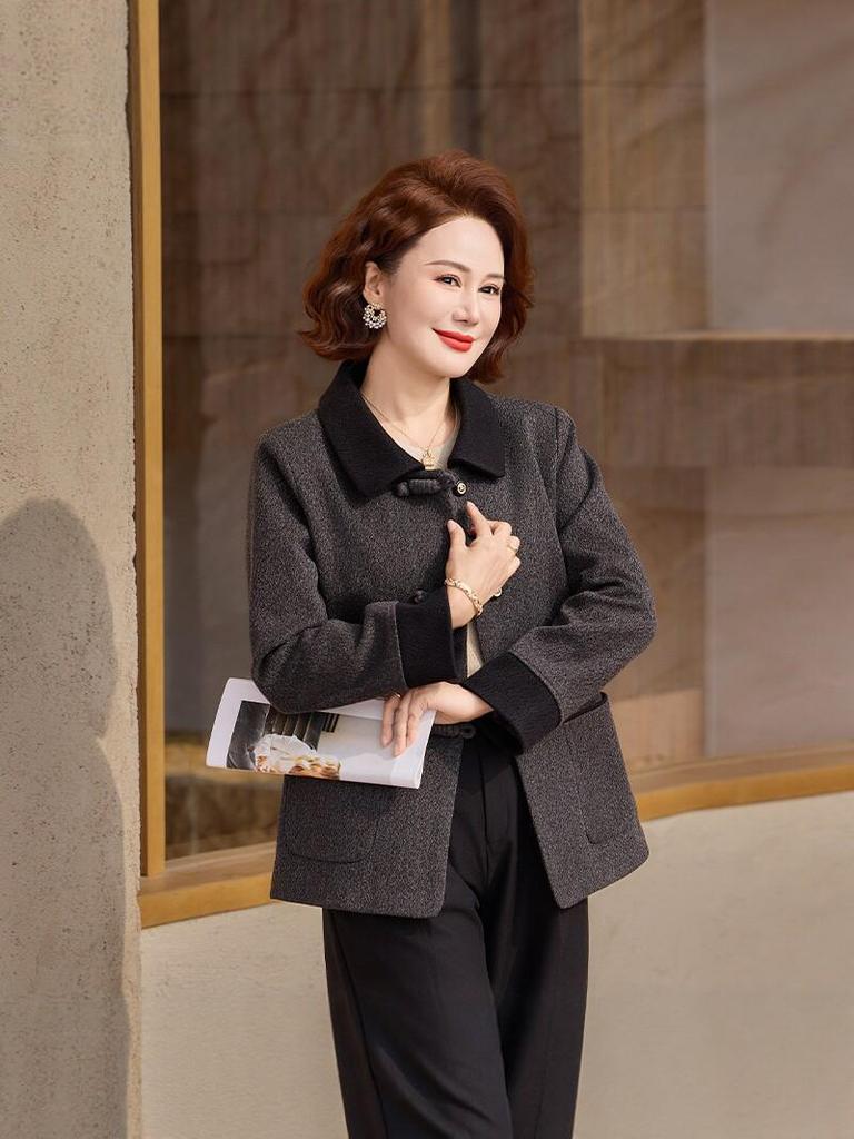 Elegant Woolen Lapel Jacket for Middle-Aged Mothers - Spring/Autumn Fashion Top