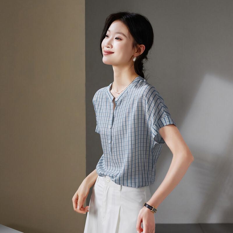 SOFSIL Women s Silk Plaid Round Neck Short Sleeve Blouse M