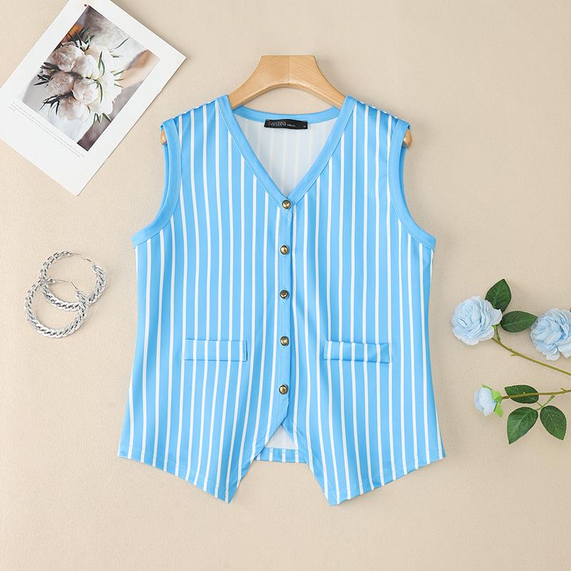 

ZANZEA Women Casual V-Neck Sleeveless Stripe Tank Tops 5XL синій