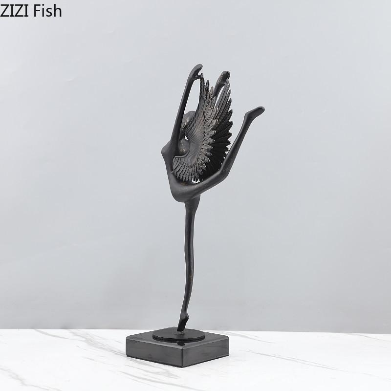 Ballet Angel Black Figures Sculpture Marble Base Desk Decoration Abstract Dancer Character Metal Statue Room Aesthetic Decor