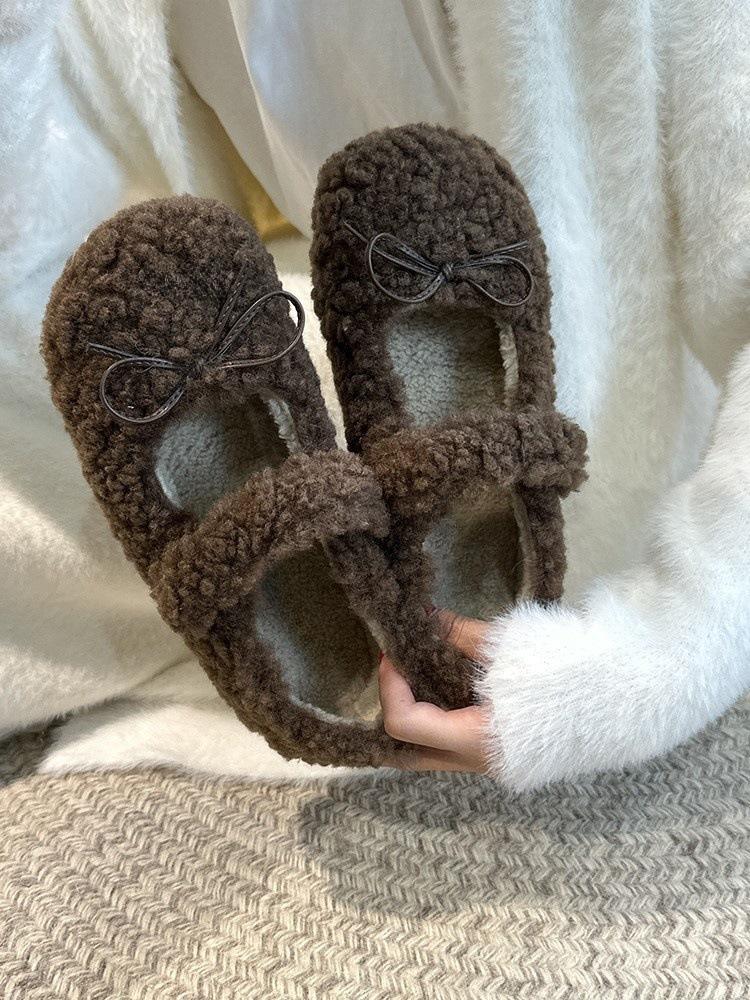 

Милые плюшевые туфли-лодочки с круглой головой и бантом, плюшевые туфли на плоской подошве, универсальные плюшевые термотуфли из хлопка 40
