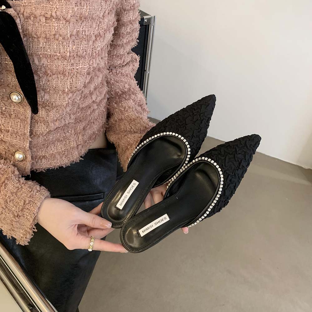 fashion Fashion Women Slides Slippers Pointed Toe Summer Outside Mules Shoes Thin Low Heeled Rhinestone Chain Casual Slip On Pumps 35-39