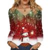 Women's Fashionable Casual V-neck Blouse Button Christmas Printed Long-sleeved Pullover T-shirt Top