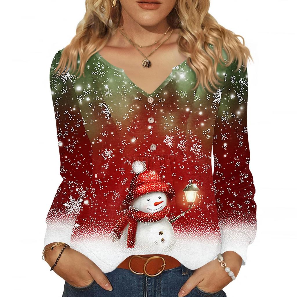Women's Fashionable Casual V-neck Blouse Button Christmas Printed Long-sleeved Pullover T-shirt Top