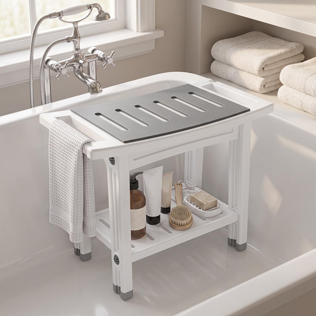 Shower Bench 2-Tier Shower Stool Bathroom with Shelf White and Grey