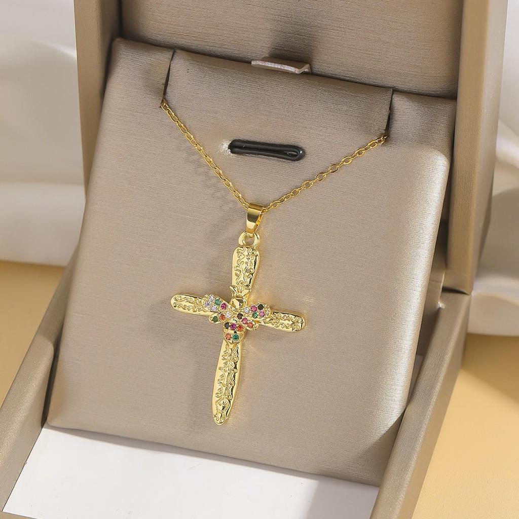 Damen Bunte Zirkon Kreuz Halskette - Nischendesign mit Voll-Diamant-Anhänger an Edelstahlkette