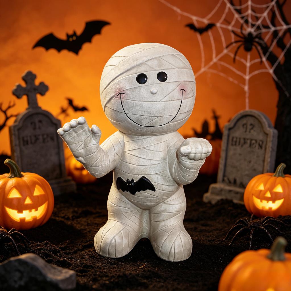 26cm Resin Mummy Figurine Standing Decorative Statue Wrapped Bandage Design with Bat Detail for Indoor Display Collectible Ornament