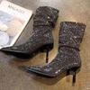 Elegant Rhinestone Stiletto Mid-Calf Ruched Boots - Women's European & American Style