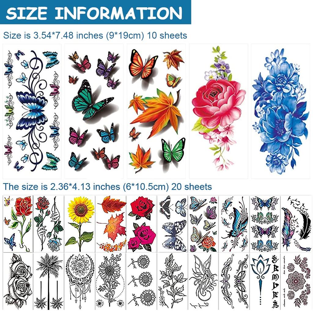 MAYCREATE® 30 Sheets Temporary Tattoos Sticker for Men Waterproof Tattoo Sticker Flowers Temporary Tattoos Stickers Roses Butterflies Assorted Tatt