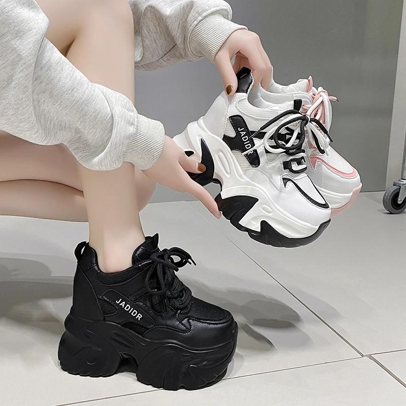 Móda 10,5CM Dámské Kožené Robustní Tenisky Nový Podzim Skryté Podpatky Ležérní Sportovní Dad Shoes Silná Podrážka Platforma Prodyšné Tenisky Žena