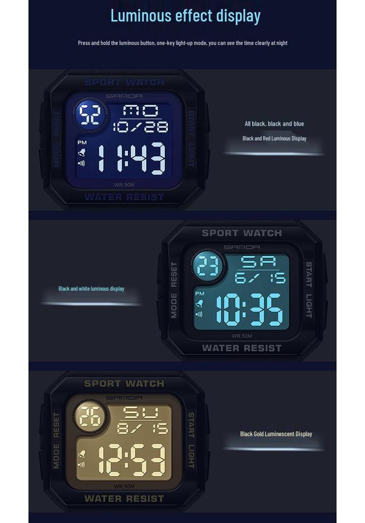 Sanda Retro Square Sporty Multifunction Waterproof Youth Electronic Watch