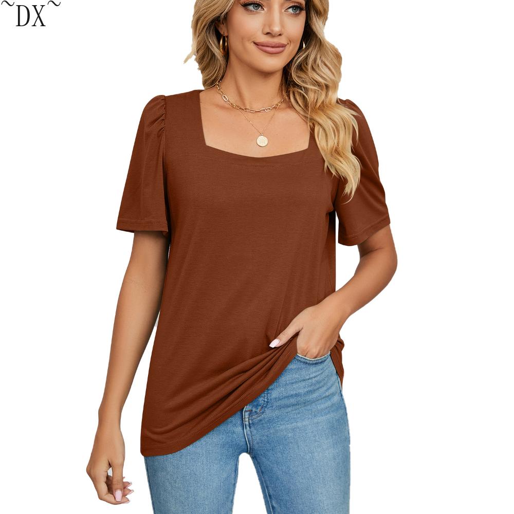 DX~~ Spring and Summer New Solid Color Square Collar Short Sleeve