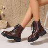 Fashion Short Lace-up Boots Women's New British Style Thick Middle Heels Women Autumn Winter Shoes Platform Black Brown Leather Botines