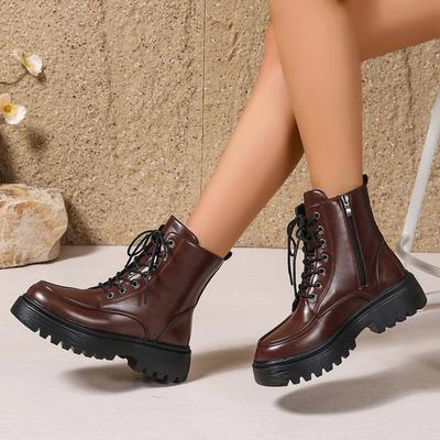 Short Lace-up Boots Women's New British Style Thick Middle Heels Women Autumn Winter Shoes Platform Black Brown Leather Botines