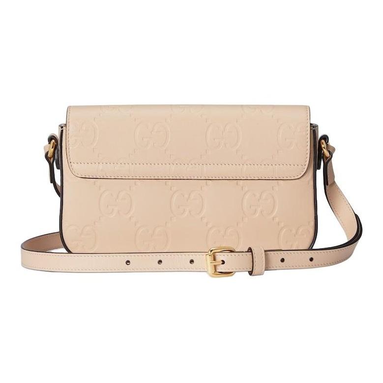 Gucci Doppel-G-Logo verstellbarer Schulterriemen Magnetverschluss Leder Umhängetasche Damen hellbeige