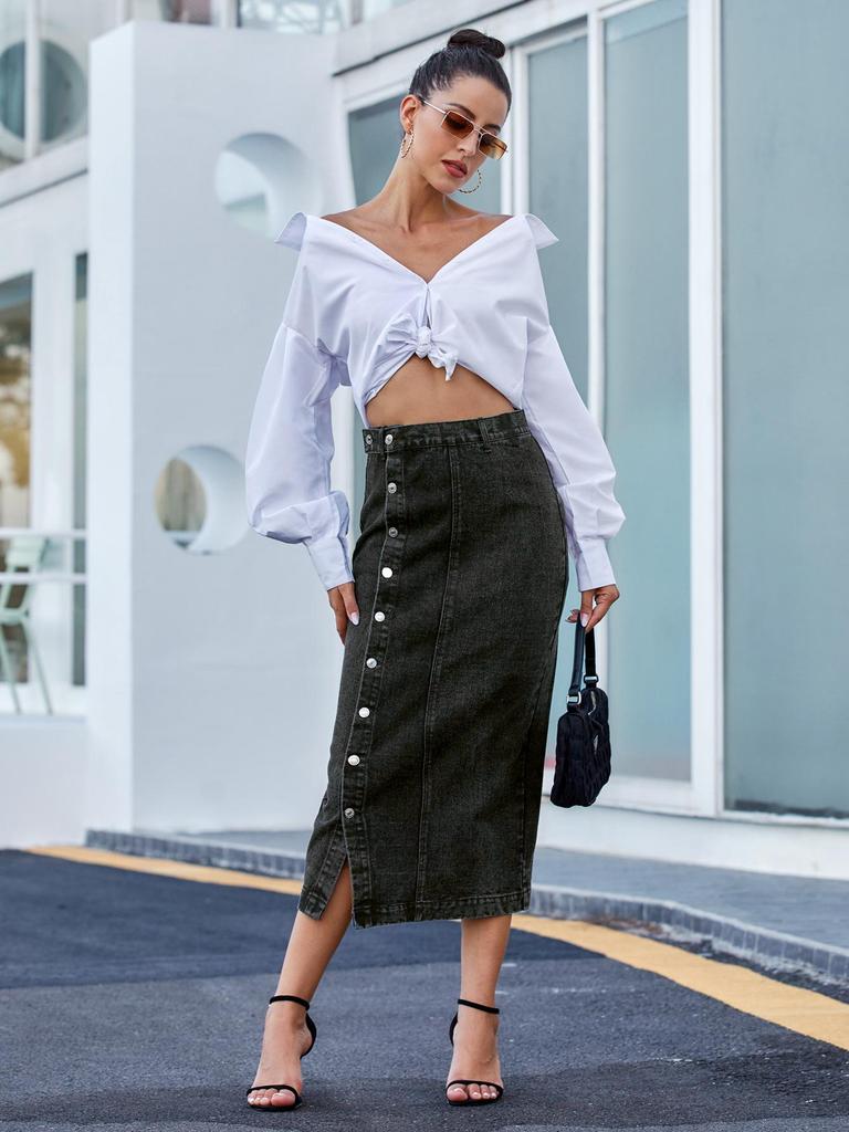 Women's European & American High Waist Irregular Slit Denim Long Skirt
