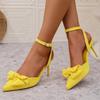Mode Fliege Dekor High Heel Sandalen Damen Mode Gelb Flock Spitzzehen Kleidsandalen Übergröße Knöchelschnalle Dünne Absatzsandalen