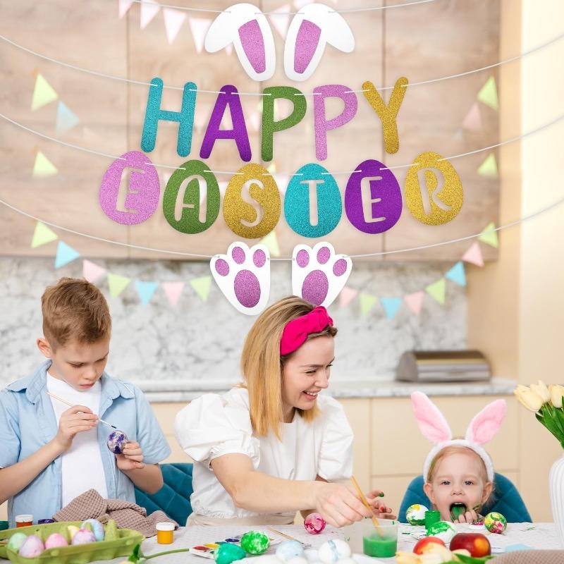 1-10Sets Easter Party Banner Bunting Happy Easter Bunny Background Decorations Celebration Wall Hanging Garland Festive Supplies