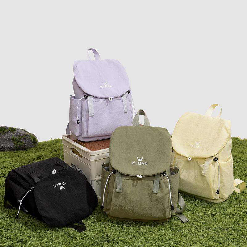 Solid Black Flap Backpack with Drawstring Closure Side Pockets Adjustable Straps Casual Travel Daypack