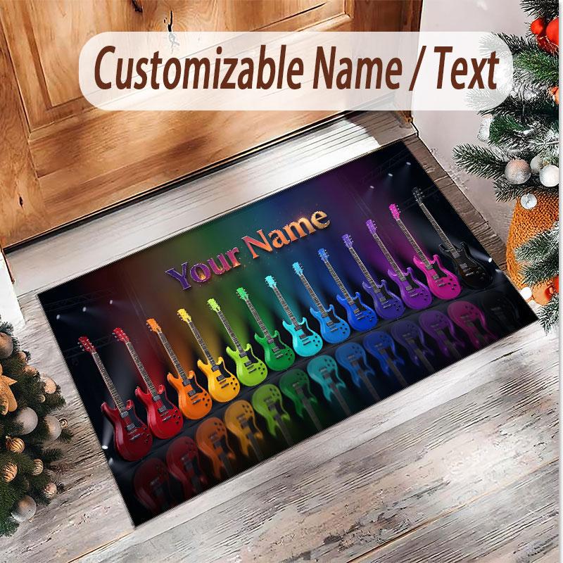 Music Guitar Theme Soft Crystal Velvet Rug Custom Name & Text Print Non Slip Floor Rug for Bedroom Living Room