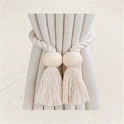 Handgewebte Vorhanghalter mit magnetischem Knoten aus Massivholz im Boho-Stil, geeignet als Dekoration für Wohnzimmer und Schlafzimmer.