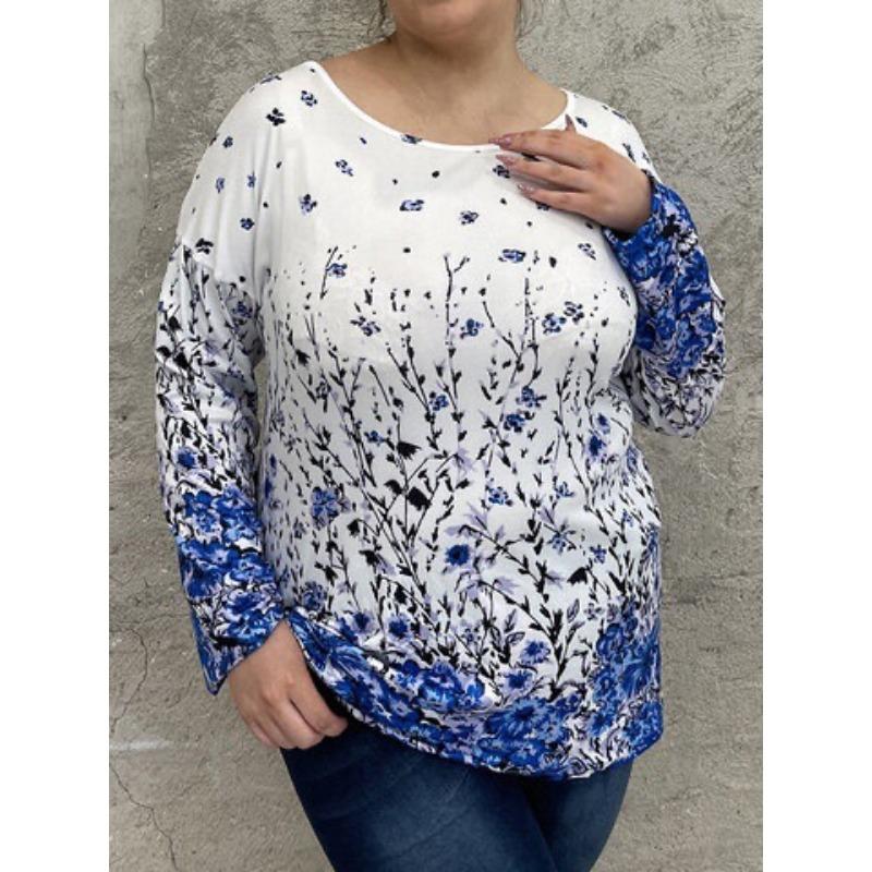 Plus Size Women S Long Sleeve Crew Neck Floral Print Spliced T Shirt