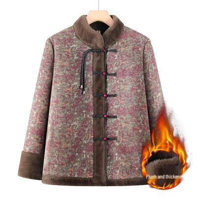Winter Cotton Jacket with Fur Lining for Middle-aged and Elderly Women - Chinese National Style