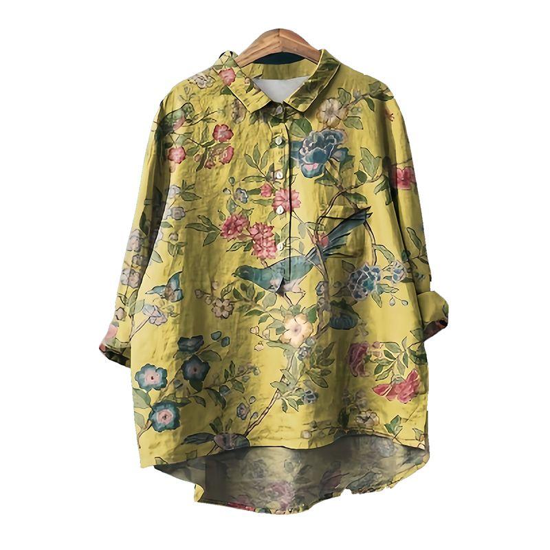 

Очень большие размеры M-3XL Европейский ретро художественный стиль Гонконга Лацкан Цветочный Свободный Повседневный Средней длины Рубашки с длинным рукавом Yellow bottom Magpie 2068 2XL