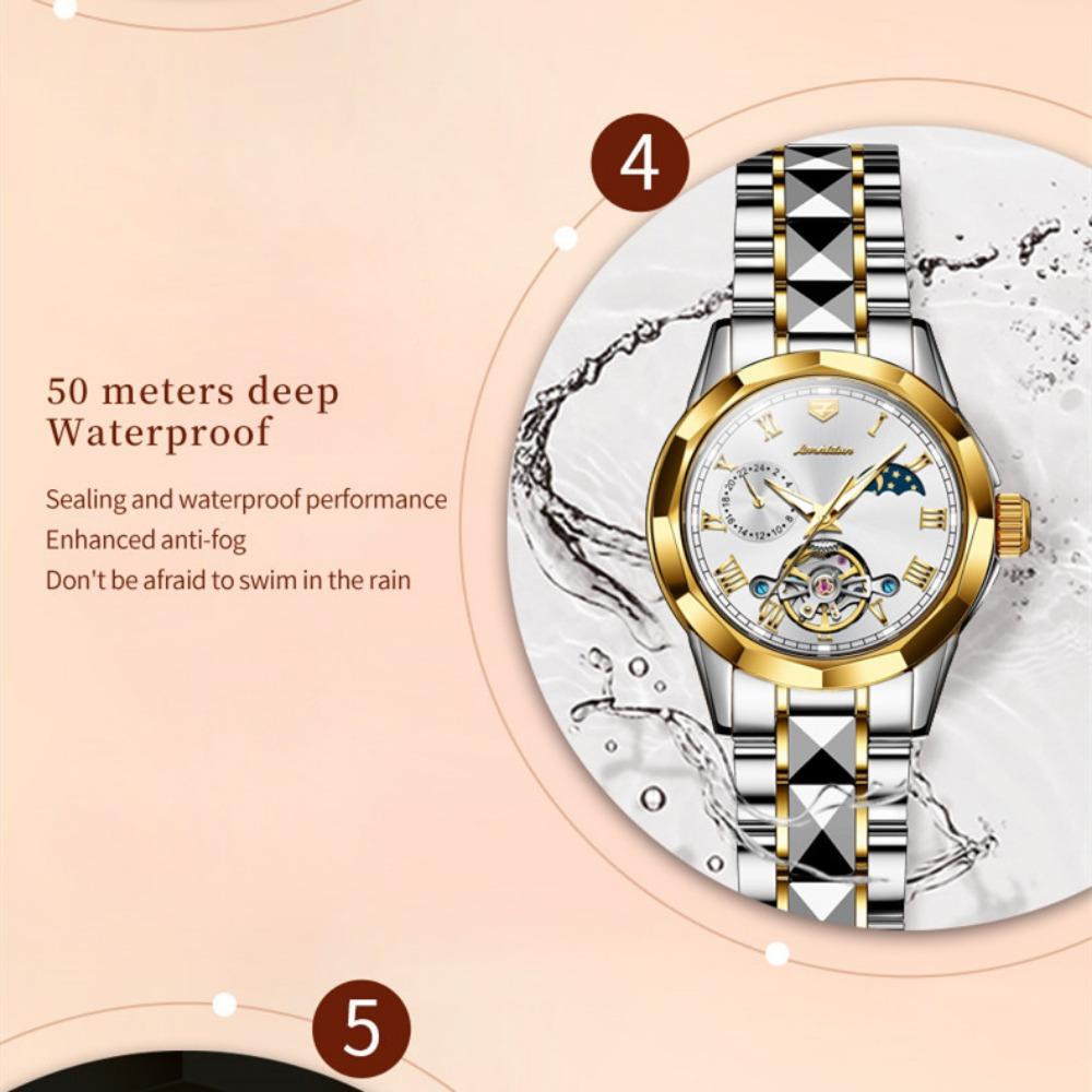 JINSHIDUN Neue Business- und Freizeit-Damenuhr Tourbillon Wasserdicht Leuchtende multifunktionale mechanische Uhr Damenuhr