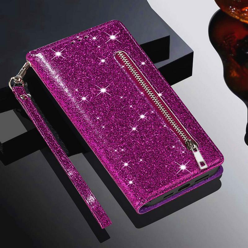 Custodia a Portafoglio Flip in Pelle con Zip Glitterata Per Samsung A57 A37 A17 A56 A36 A26 A16 A55 A35 A25 A15 A54 A34 5G S21 FE S22 S23 S24 Plus S25 Edge S26 Ultra