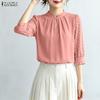 Women Casual Polka Dot Print Splice 3/4 Sleeve Loose Crew Neck Blouse