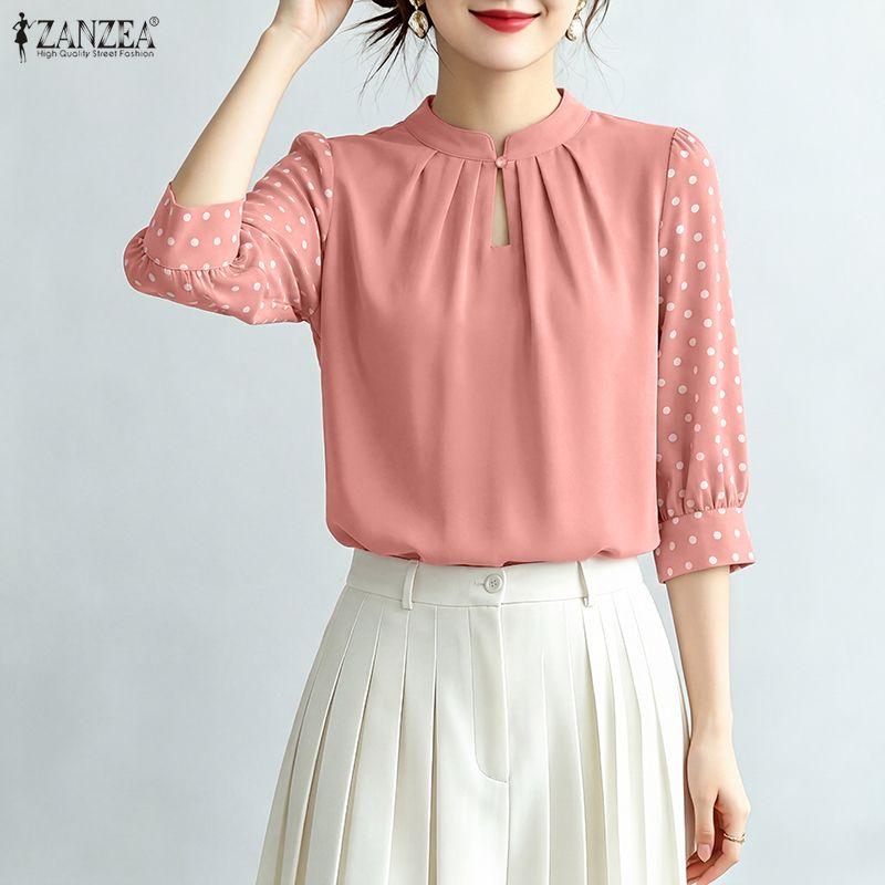 ZANZEA Women Casual Polka Dot Print Splice 3/4 Sleeve Loose Crew Neck Blouse