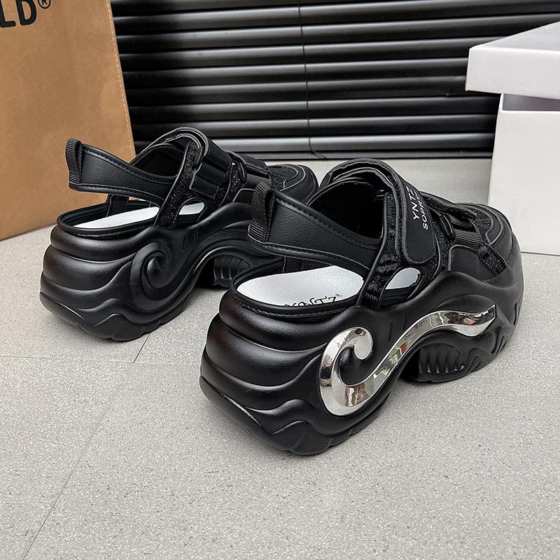 Fashion 8CM Breathable Hollow Leather Women Sandals Vulcanized Mesh Chunky Platform Gladiator Shoes High Heels Casual Summer Sneakers