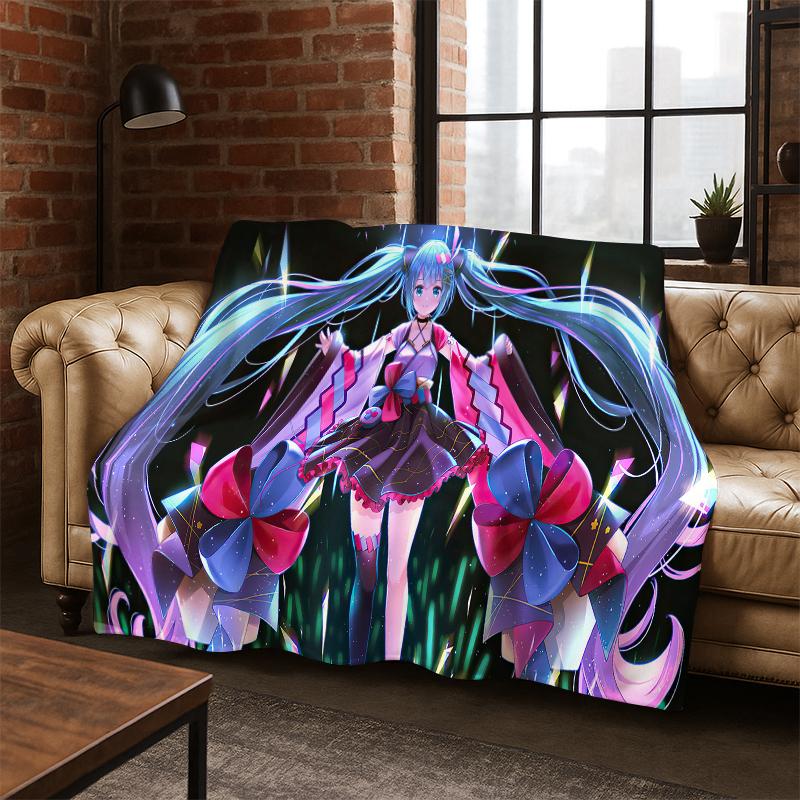 Cartoon M-MIKU Music Girl Flannel Blanket Soft Warm Blanket Throw Blanket for Bedroom Living Room Bed Travel Picnic Gift Kid