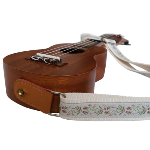 MUSIC FIRST Original Design Vintage Floral Embroidered Genuine Leather Ukulele Strap, Ukulele Shoulder Strap with Genuine Leather Strap Locker