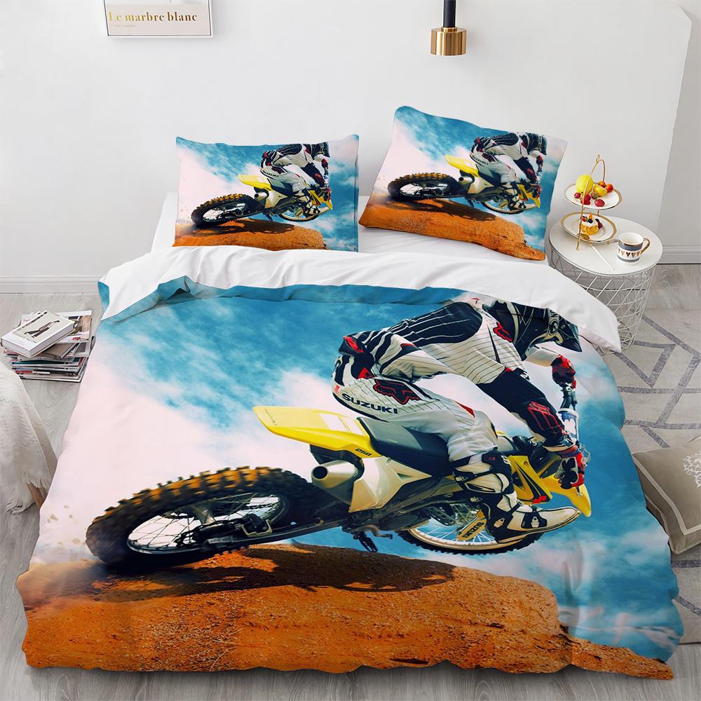 Motocross Gaming Bedding Set,Cross-Country Motorcycle Duvet Cover King Size For Teen Boys, Motorcycle Racing Car Comforter Cove