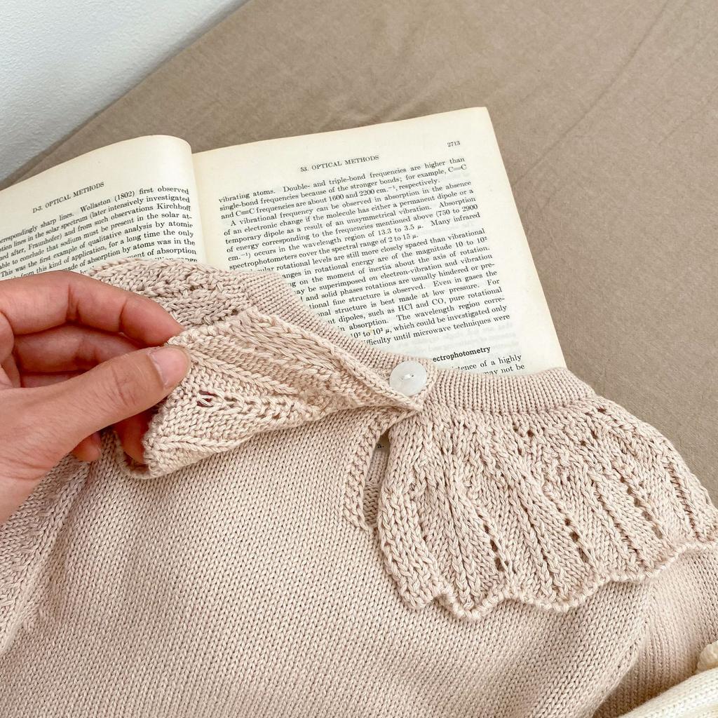 Baby Girl Spring Autumn Long Sleeve Ruffle Neck Knit Romper with Embroidery