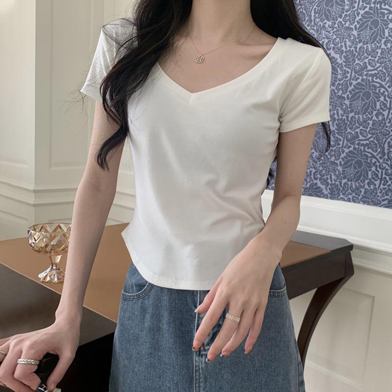 Women's Slim-Fit V-Neck Short-Sleeve Top - Elastic Waist, Round Hem, Solid Color for Summer