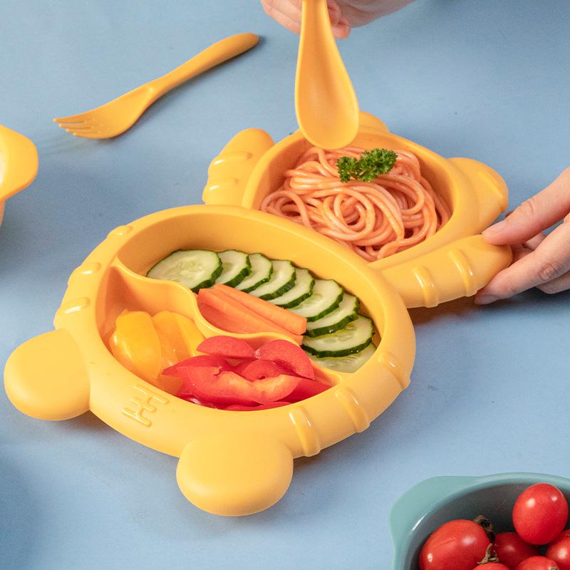Cute Cartoon Kids' Divided Plate & Feeding Set: 4-Piece Infant Bowl, Spoon & Fork
