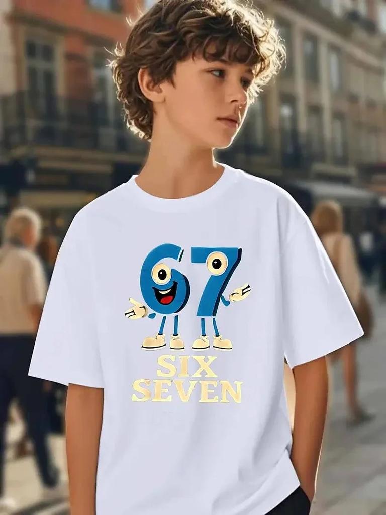 Cute Meme T-Shirt for Boys Girls Childrens Six Seven Funny Kids Y2k Tees Tops 67 Brainrot Print Round Neck Short Sleeve T Shirt