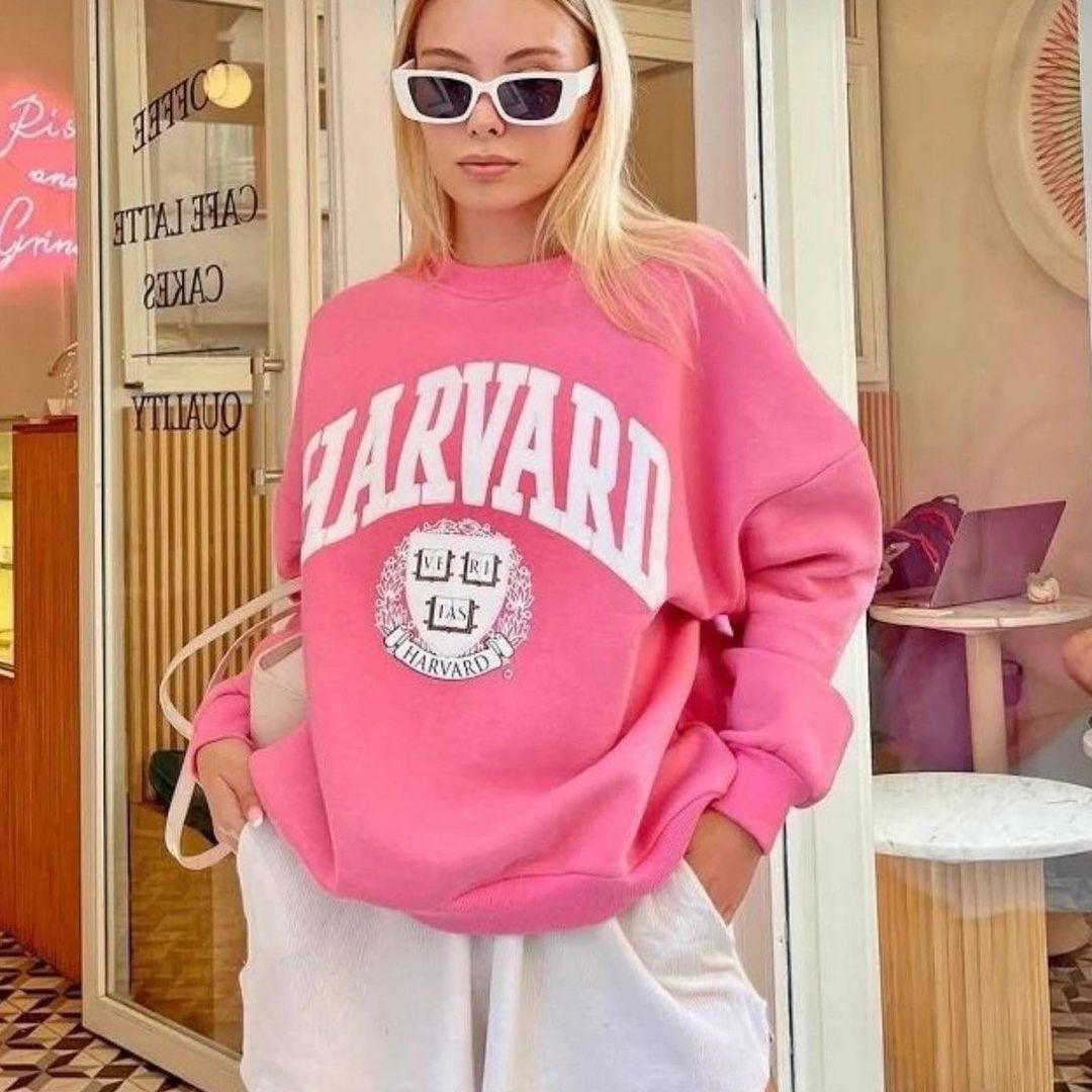 

Корейская толстовка большого размера, женская осенняя свободная толстовка с круглым вырезом и буквенным принтом, модный школьный топ с длинными рукавами, графические кофты S розовый