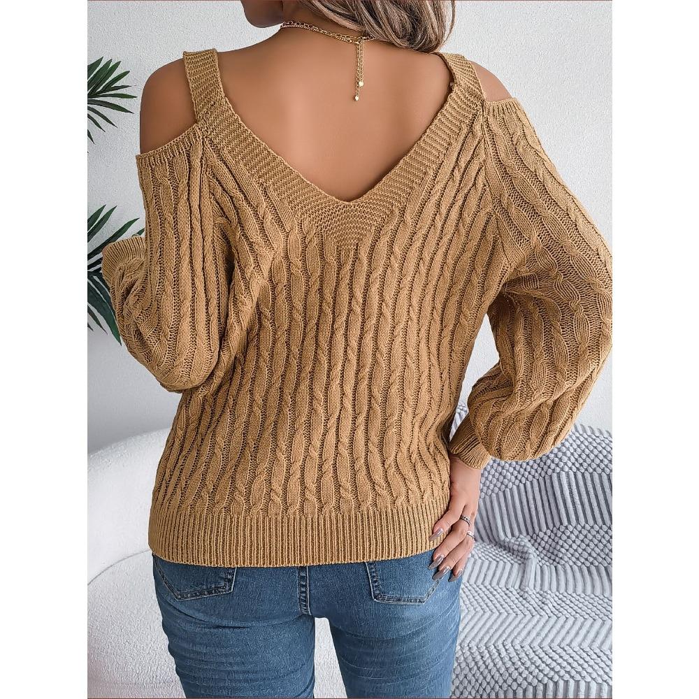 Women's Sweatshirt - Versatile Casual Solid Colour Cable-Knit Off-the-Shoulder Bell-Sleeve Knitwear